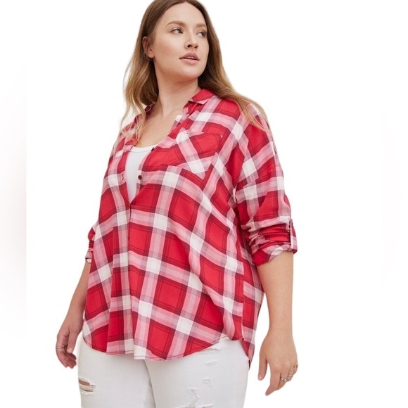 Torrid Long Sleeve Red Pink Plaid 3/4 Roll Tab Sleeves Button Down 3XL - Picture 1 of 10